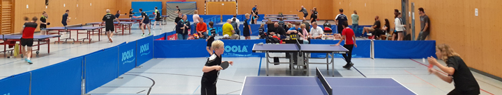 Training in der Sporthalle mit mehreren Tischtennistischen.